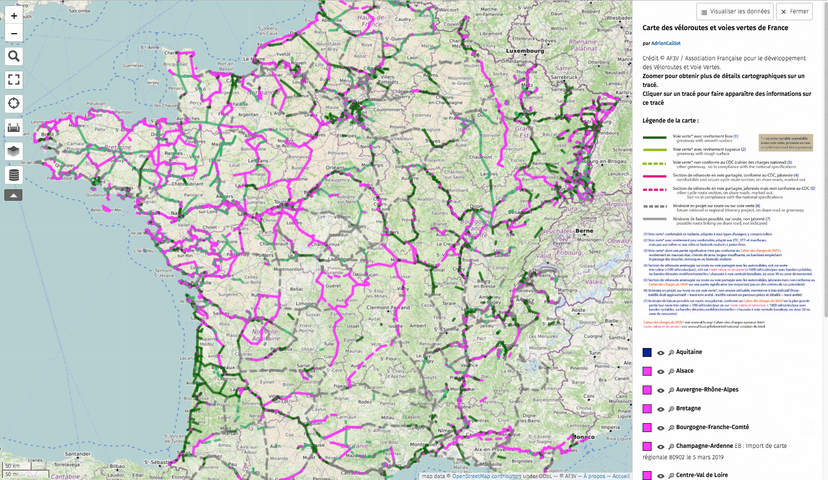 Mapa de rutas ciclistas y vías verdes de Francia